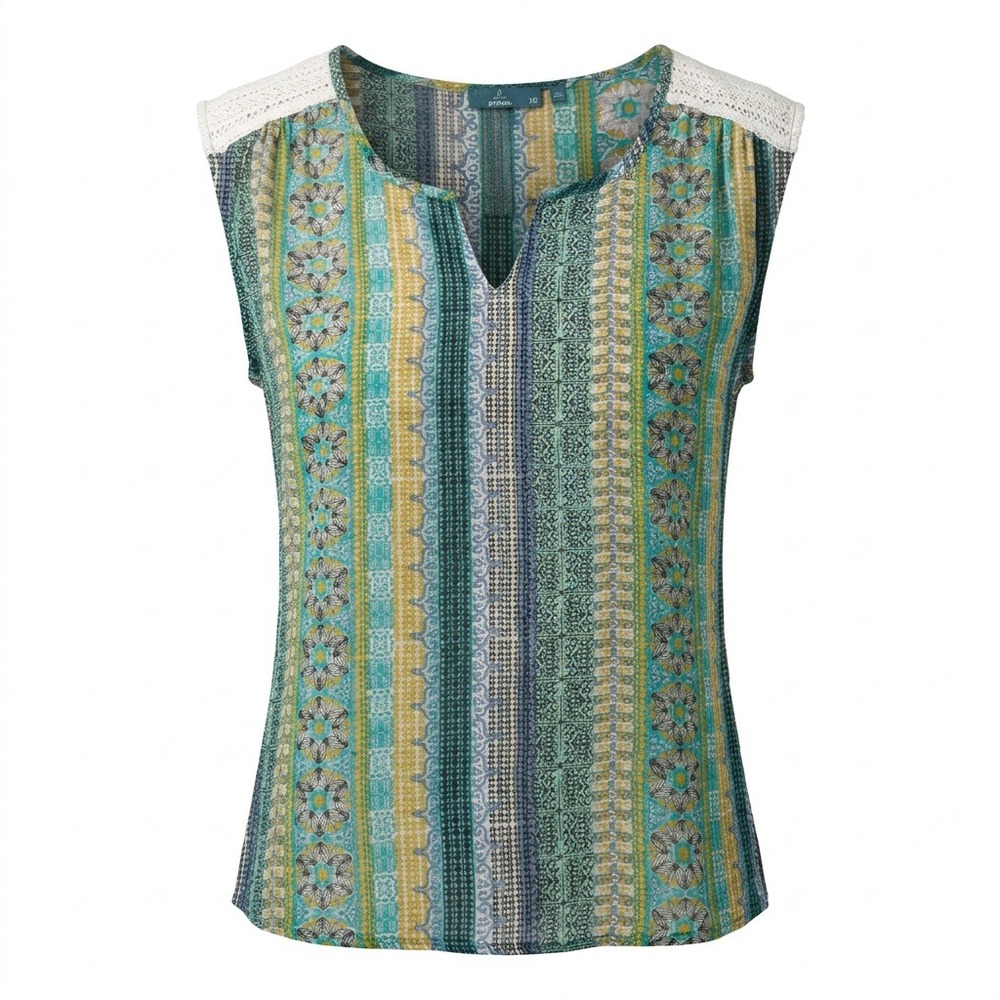 Prana Womens XS Silk Blend Boho Geometric Floral Split Neck Crochet Lace Top